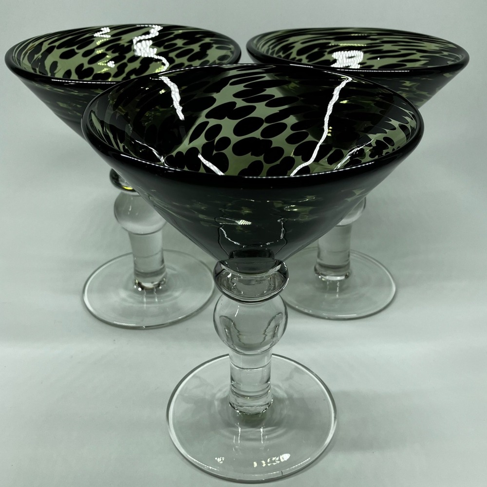 Pier 1 Hand Blown Martini Glasses Green Black Swirl Leopard Tortoise Set of 3